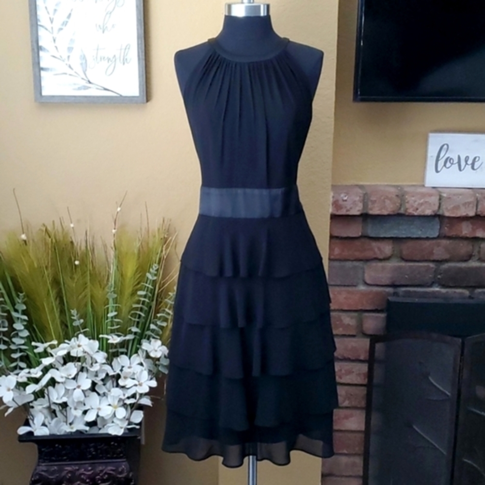 🆕️ EVAN-PICONE Black Halter Chiffon Tiered Ruffle Dress SIZE: 14